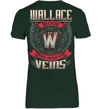 Load image into Gallery viewer, Wallace Blood Runs Through Veins Black Quote Name T-Shirt Ladies V-Neck
