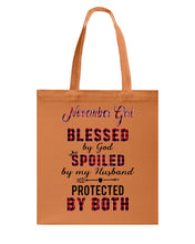 Load image into Gallery viewer, November Girl Blessed By Girl Spoiled By Husband Quote T-Shirt Basketweave Tote Bag