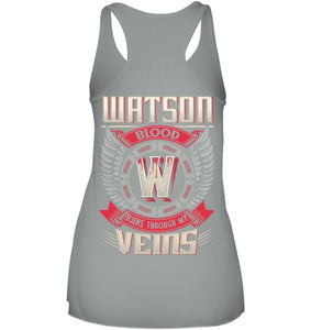 Watson Blood Runs Through Veins Black Quote Name T-Shirt Ladies Flowy Tank