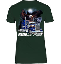 Load image into Gallery viewer, Ride With Pride Wolf Truck Black T-Shirt Ladies V-Neck