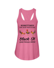 Load image into Gallery viewer, Cluck It Chicken Funny Quote T-Shirt Ladies Flowy Tank