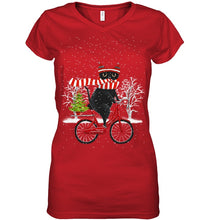 Load image into Gallery viewer, Winter Cat Riding Bicycle Christmas Gift T-Shirt Ladies V-Neck
