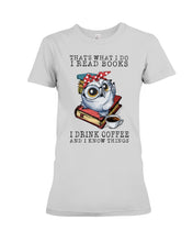 Load image into Gallery viewer, Cute Owl Read Books And Drink Coffee Funny T-Shirt Ladies Tee