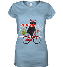 Load image into Gallery viewer, Winter Cat Riding Bicycle Christmas Gift T-Shirt Ladies V-Neck