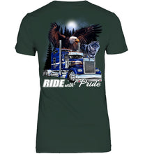Load image into Gallery viewer, Ride With Pride Wolf Truck Black T-Shirt Ladies Tee