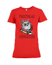 Load image into Gallery viewer, Cute Owl Read Books And Drink Coffee Funny T-Shirt Ladies Tee