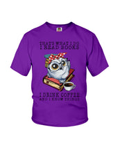 Load image into Gallery viewer, Cute Owl Read Books And Drink Coffee Funny T-Shirt Youth Tee