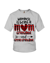 Load image into Gallery viewer, Happiness Is Being A Mom Grandma And Great Grandma Youth Tee