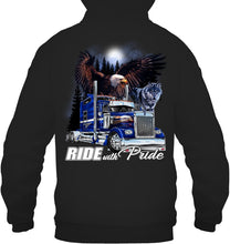 Load image into Gallery viewer, Ride With Pride Wolf Truck Black T-Shirt Hoodie