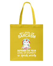 Load image into Gallery viewer, Unicorn Sarcasm Speak Wisely Funny Quote Basketweave Tote Bag