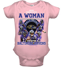 Load image into Gallery viewer, Woman Loves American Football And Baltimore Ravens Gift For Fans Baby Onesie