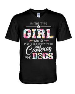 A Girl Who Is Happy With Cameras And Dogs Gift For Dog Lovers T-Shirt Guys V-Neck