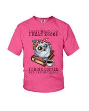 Load image into Gallery viewer, Cute Owl Read Books And Drink Coffee Funny T-Shirt Youth Tee
