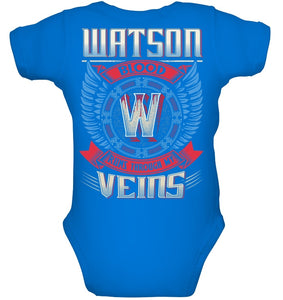 Watson Blood Runs Through Veins Black Quote Name T-Shirt Baby Onesie