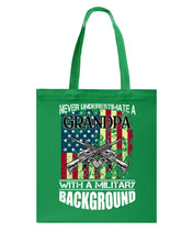 Load image into Gallery viewer, Never Underestimate A Grandpa Black T-Shirt Basketweave Tote Bag