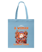 Load image into Gallery viewer, A Woman Loves Clemson Tigers Gift For Fans T-Shirt Basketweave Tote Bag