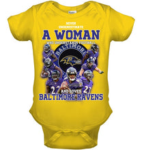Load image into Gallery viewer, Woman Loves American Football And Baltimore Ravens Gift For Fans Baby Onesie