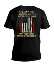 Load image into Gallery viewer, Lived By A Code Back Side T-Shirt Guys V-Neck
