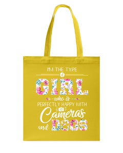 A Girl Who Is Happy With Cameras And Dogs Gift For Dog Lovers T-Shirt Basketweave Tote Bag