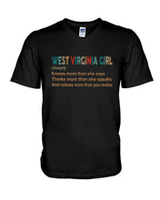 Load image into Gallery viewer, West Virginia Girl Knows More Than She Says Guys V-Neck