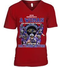 Load image into Gallery viewer, Woman Loves American Football And Baltimore Ravens Gift For Fans Guys V-Neck
