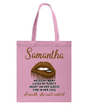 Load image into Gallery viewer, Samantha A Mouth She Can't Control Lipsquote Name T-Shirt Basketweave Tote Bag