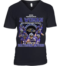 Load image into Gallery viewer, Woman Loves American Football And Baltimore Ravens Gift For Fans Guys V-Neck