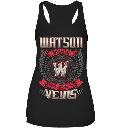 Watson Blood Runs Through Veins Black Quote Name T-Shirt Ladies Flowy Tank