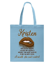 Load image into Gallery viewer, Kristen A Mouth She Can&#39;t Control Quote Name T-Shirt Basketweave Tote Bag