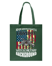 Load image into Gallery viewer, Never Underestimate A Grandpa Black T-Shirt Basketweave Tote Bag