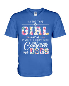 A Girl Who Is Happy With Cameras And Dogs Gift For Dog Lovers T-Shirt Guys V-Neck