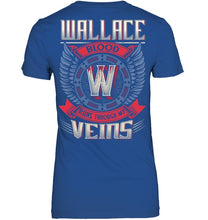 Load image into Gallery viewer, Wallace Blood Runs Through Veins Black Quote Name T-Shirt Ladies Tee