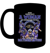 Load image into Gallery viewer, Woman Loves American Football And Baltimore Ravens Gift For Fans Mug