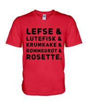 Load image into Gallery viewer, Lefse Lutefisk Krumkake Quote T-Shirt Gift Guys V-Neck