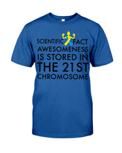 Load image into Gallery viewer, Scientist Fact Awesomeness Is Stored In The 21St Chromosome Guys Tee