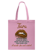 Load image into Gallery viewer, Tiara A Mouth She Can't Control Quote Name T-Shirt Basketweave Tote Bag