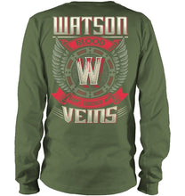 Load image into Gallery viewer, Watson Blood Runs Through Veins Black Quote Name T-Shirt Unisex Long Sleeve