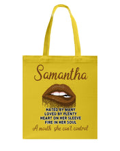 Load image into Gallery viewer, Samantha A Mouth She Can't Control Lipsquote Name T-Shirt Basketweave Tote Bag