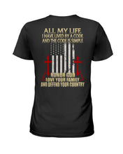 Load image into Gallery viewer, Lived By A Code Back Side T-Shirt Ladies Tee