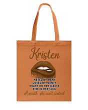 Load image into Gallery viewer, Kristen A Mouth She Can&#39;t Control Quote Name T-Shirt Basketweave Tote Bag