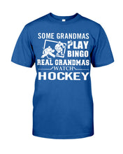Load image into Gallery viewer, Real Grandmas Hockey Bingo Funny T-Shirt Guys Tee