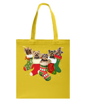 Load image into Gallery viewer, Yorkies In The Socks For Yorkie Lovers Christmas Gift Basketweave Tote Bag