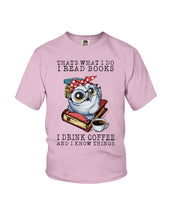 Load image into Gallery viewer, Cute Owl Read Books And Drink Coffee Funny T-Shirt Youth Tee