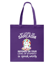 Load image into Gallery viewer, Unicorn Sarcasm Speak Wisely Funny Quote Basketweave Tote Bag