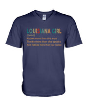 Load image into Gallery viewer, Louisiana Girl Knows More Than She Says Funny T-Shirt Guys V-Neck