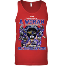 Load image into Gallery viewer, Woman Loves American Football And Baltimore Ravens Gift For Fans Unisex Tank Top