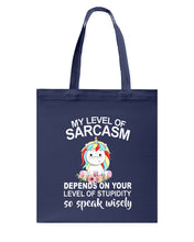 Load image into Gallery viewer, Unicorn Sarcasm Speak Wisely Funny Quote Basketweave Tote Bag