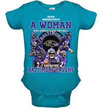 Load image into Gallery viewer, Woman Loves American Football And Baltimore Ravens Gift For Fans Baby Onesie