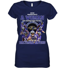 Load image into Gallery viewer, Woman Loves American Football And Baltimore Ravens Gift For Fans Ladies V-Neck