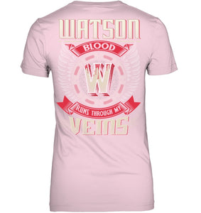 Watson Blood Runs Through Veins Black Quote Name T-Shirt Ladies V-Neck